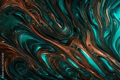 Liquid copper and iridescent teal creating an otherworldly abstract pattern.