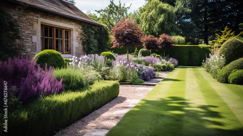Private garden. edging with elegant flower beds
