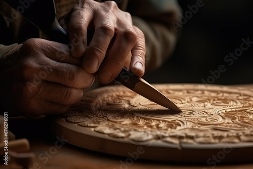 Carving wooden plate with fine decorative details. Woodcarving handmade workshop in artisan atelier. Generate ai