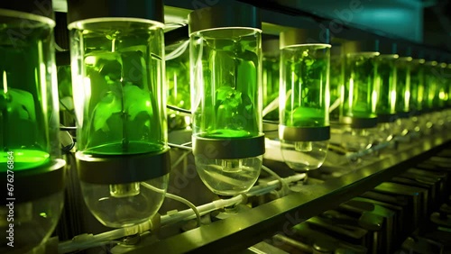 Detailed image of a continuousflow photobioreactor used for algae cultivation. Transparent tubes carry the algal culture, while optimized lighting ensures optimal growth by simulating sunlight. photo