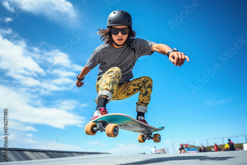Skater doing kickflip on the ramp at skate park - Stylish skaterboy training outside - Extreme sport life style concept photo