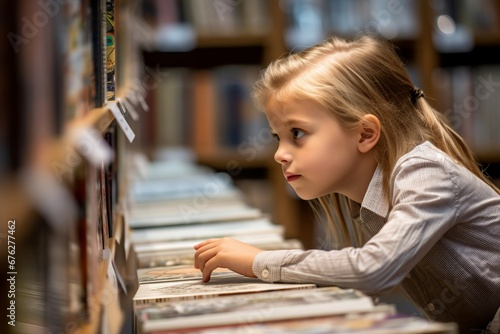Curious little girl choosing a book in library. Child girl in book store chooses educational storybook. Generate ai photo