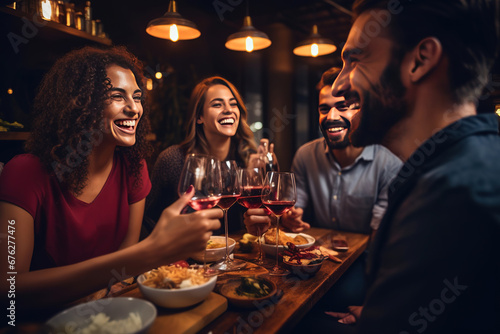 Happy multiracial friends toasting red wine at restaurant terrace - Group of young people wearing winter clothes having fun at outdoors winebar table - Dining life style and friendship concept photo