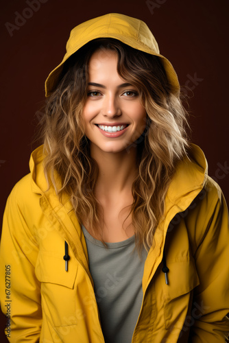Woman with yellow jacket and hoodie.