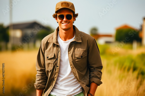 Man in hat and sunglasses standing in field.