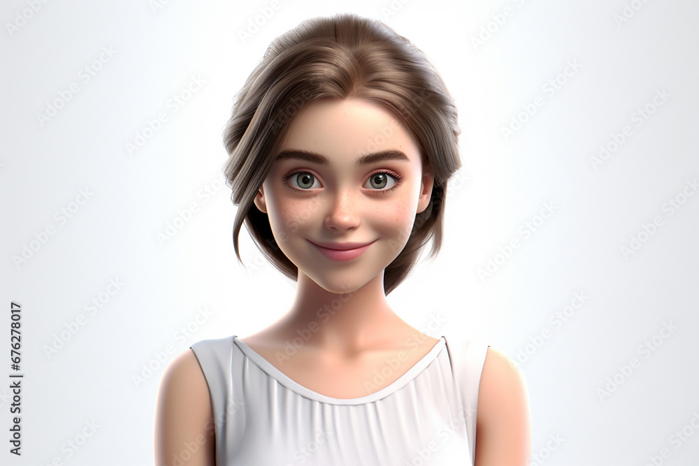 This 3D-rendered cartoon woman is beaming with joy in a stunning white evening dress, showcasing hyper-realistic features against a clean white background. Generative AI. This 3D-rendered cartoon woman is beaming with joy in a stunning white evening dress, showcasing hyper-realistic features against a clean white background. Generative AI.