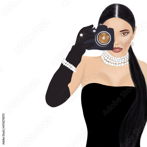 Illustration portrait of a female photographer with a camera in her hands on a white transparent background. Can be used as an element of your composition © Dmytro