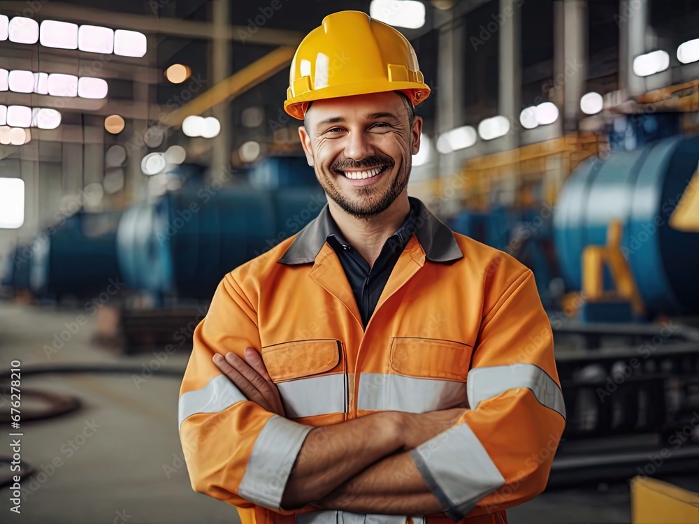 Portrait of a smiling worker standing with arms crossed in a factory. Portrait of a smiling worker standing with arms crossed in a factory.