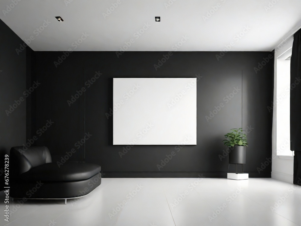 Modern dark interior of the apartment with a poster on the wall. 3D rendering. Modern dark interior of the apartment with a poster on the wall. 3D rendering.