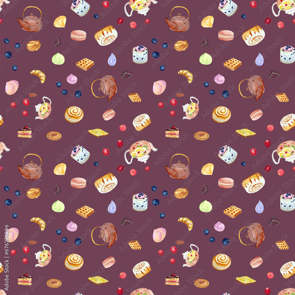 Watercolor teapot and desserts seamless pattern on dark background Watercolor teapot and desserts seamless pattern on dark background