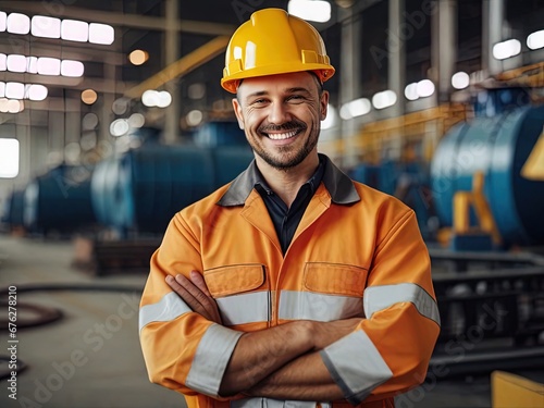 Portrait of a smiling worker standing with arms crossed in a factory.
