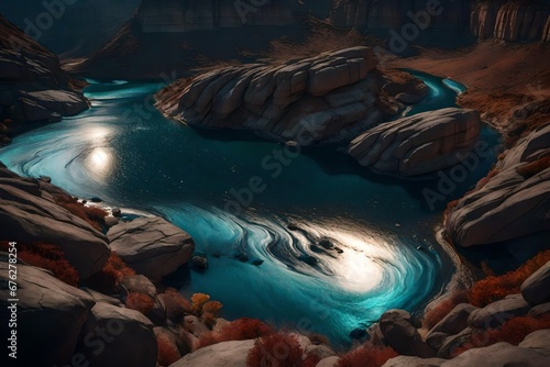 Liquid copper and liquid silver rivers meandering through a cosmic landscape.