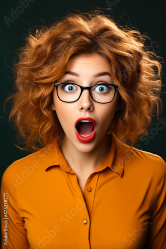 Woman with glasses making surprised face with her mouth open.