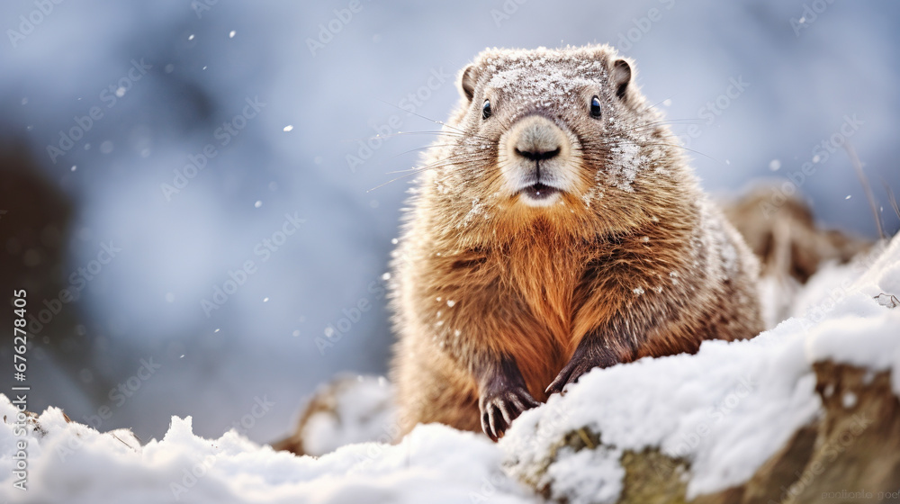 Groundhog in snow. AI - obrazy, fototapety, plakaty 