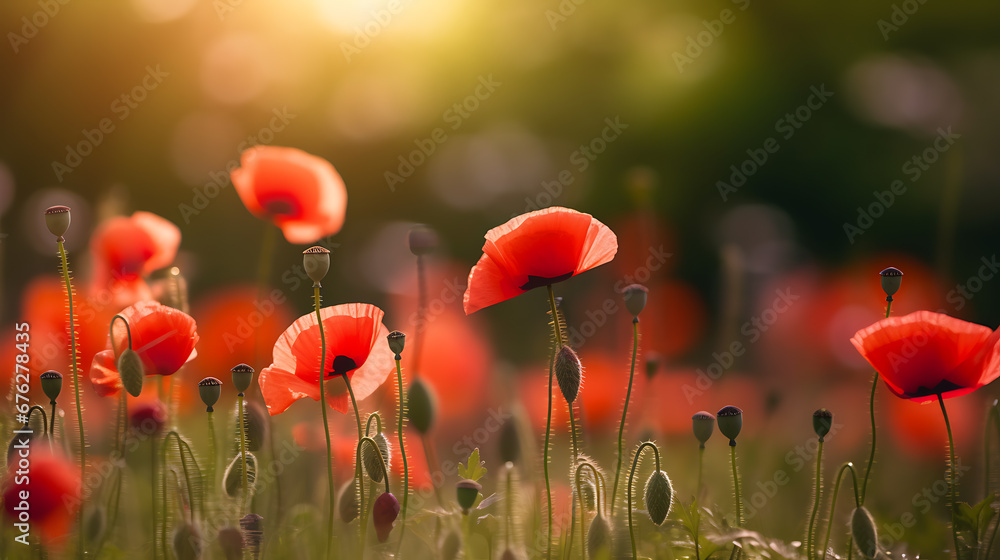 Obraz premium Poppy field against sunset background