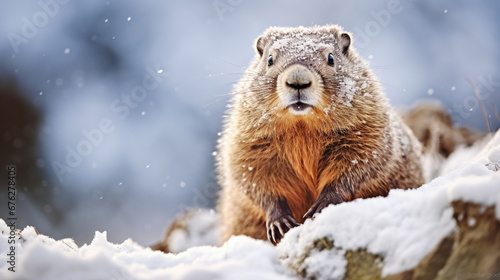 Groundhog in snow. AI photo