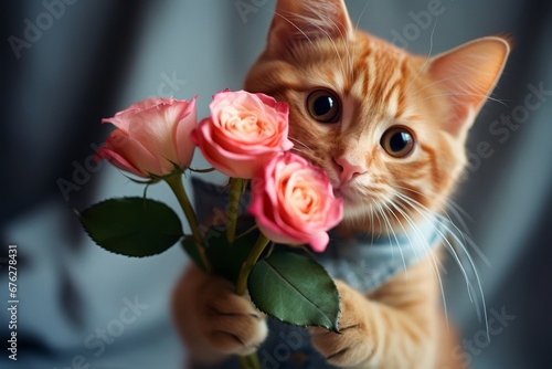 Cute domestic cat brought a flowers as a gift. Funny greeting card with animals photo