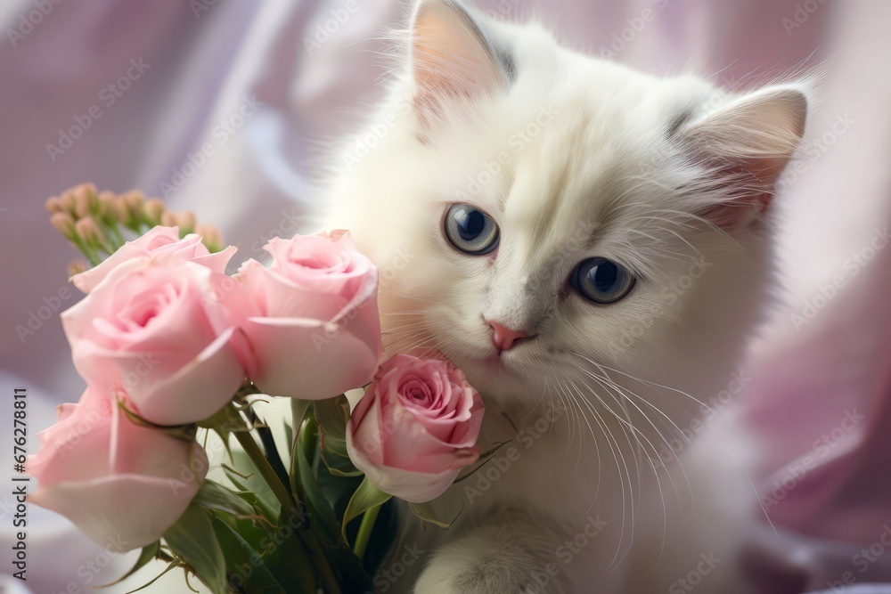 Cute domestic cat brought a flowers as a gift. Funny greeting card with animals Cute domestic cat brought a flowers as a gift. Funny greeting card with animals