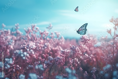 Fototapeta Naklejka Na Ścianę i Meble -  Floral spring natural blue background with fluffy airy lilac flowers on meadow and fluttering butterflies on blue sky background. Dreamy gentle air artistic image.