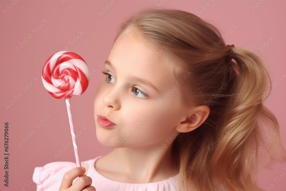 Cute blonde girl holding lollipop dessert. Pretty little girl posing with white and red round candy on stick. Generate ai Cute blonde girl holding lollipop dessert. Pretty little girl posing with white and red round candy on stick. Generate ai
