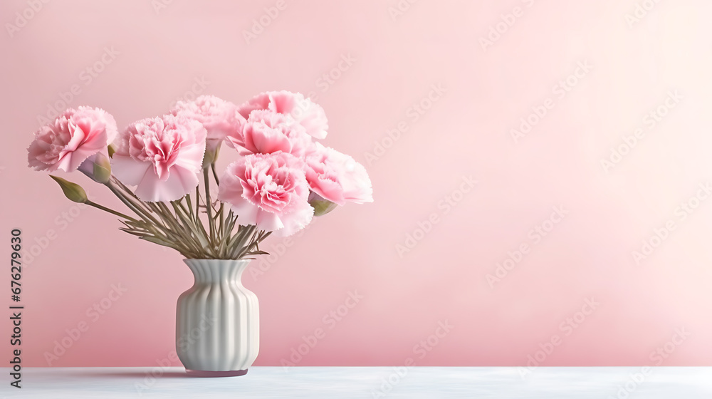 Fototapeta premium Carnation bouquet on pastel pink table background