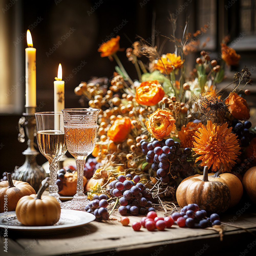 Beautiful autumn still life with pumpkins, fall flower arrangement and table set with candles on rustic table. Front view