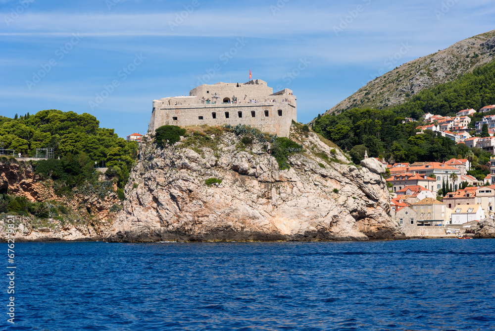 Dubrovnik, Croatia - August 03,2023: View at famous travel destination city of Dubrovnik, Dalmatia, Croatia, Europe. View of Dubrovnik from the sea