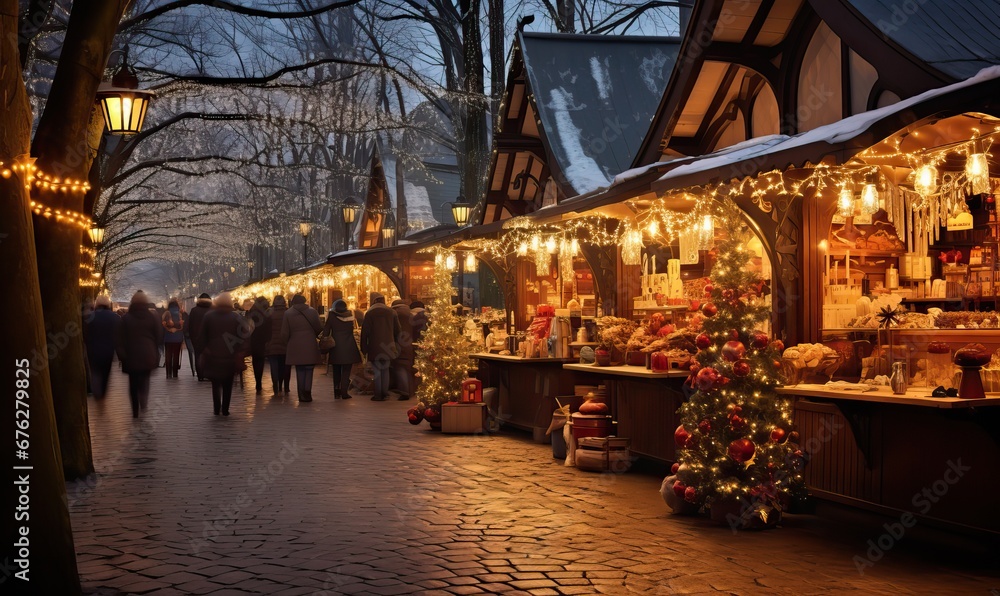Naklejka premium Enjoying Christmas Market, a couple walking near stalls, charming Festive Christmas market, holiday spirits, snowy weather, winter wonderland
