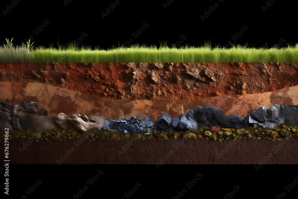 Different soil layers under earth surface level with sand, clay, grass, stone, gravel. Stock