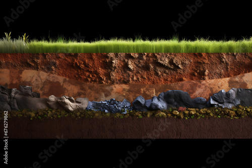 Different soil layers under earth surface level with sand, clay, grass, stone, gravel. photo