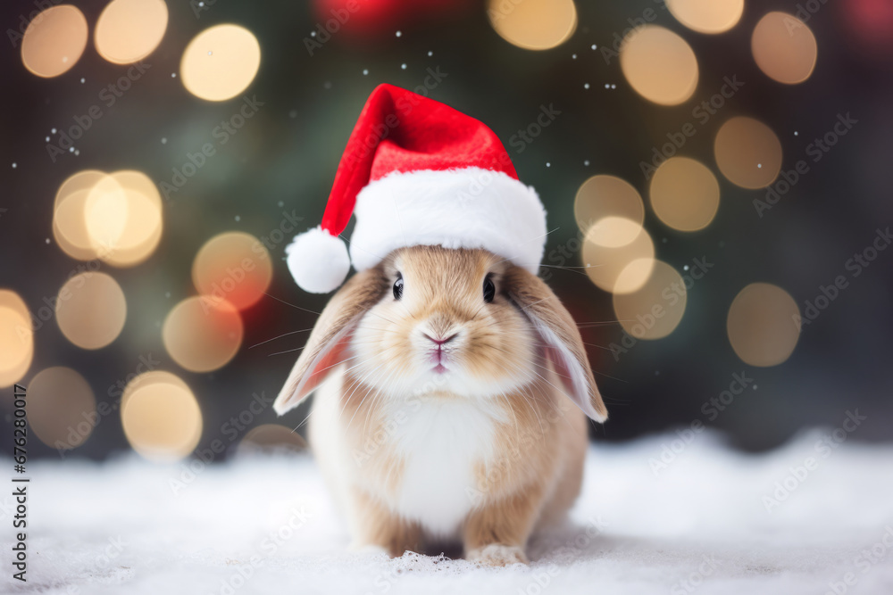 Cute fluffy rabbit in a red Santa's hat. Generative AI Cute fluffy rabbit in a red Santa's hat. Generative AI