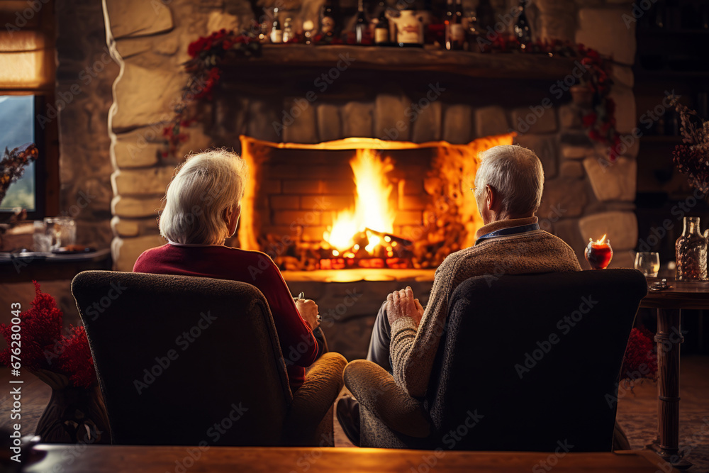 Back view of an elderly couple sits near the rustic fireplace in a wooden living room and enjoying red wine. Generative AI