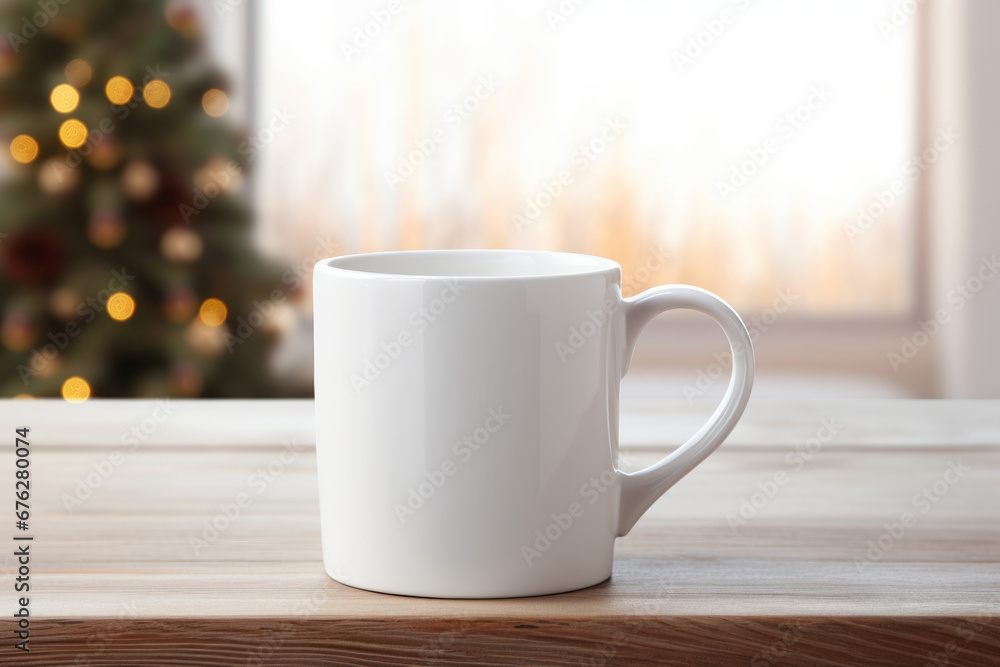 Plain white coffee cup mockup with christmas elements in background. Generative AI Plain white coffee cup mockup with christmas elements in background. Generative AI