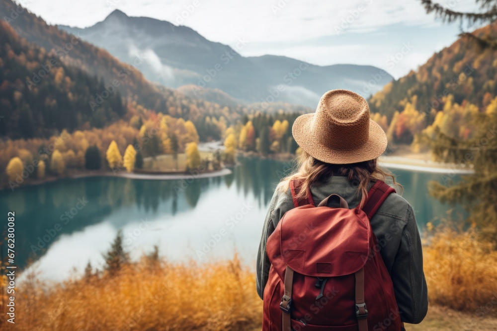 Young female tourist looking at beautiful autumn scenery landscape