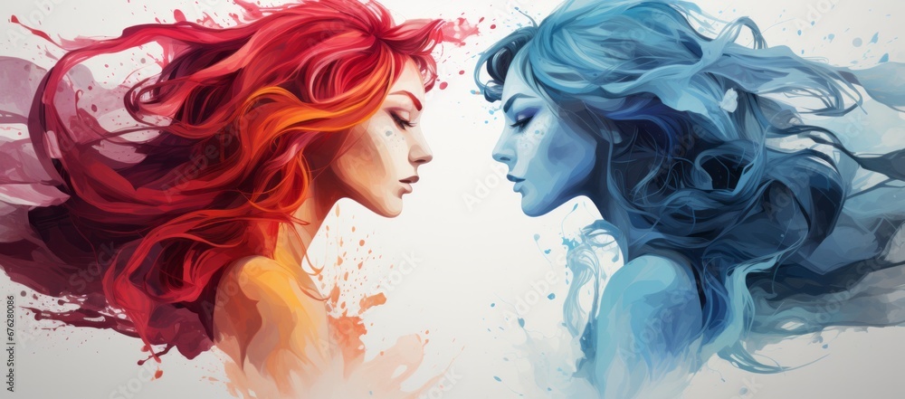 A Captivating Encounter: A Painting of Two Women Engaged in Intense Eye Contact. A painting of two women facing each other