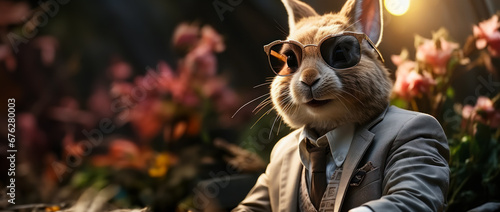 Serious Easter bunny in suit and glasses sitting at table, web banner with free space for concept photo