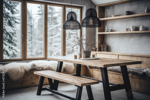 Minimalist dining area with wooden furniture and simple tableware. Winter cozy interior. Generative AI