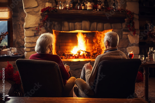 Back view of an elderly couple sits near the rustic fireplace in a wooden living room and enjoying red wine. Generative AI © barmaleeva