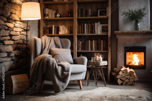 Scandinavian style reading nook with a comfortable armchair, bookshelves and warm lighting. Generative AI © barmaleeva