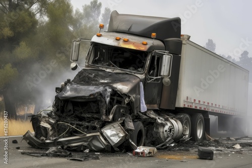Devastating truck collision on road. Transport smash risk danger help. Generate Ai photo