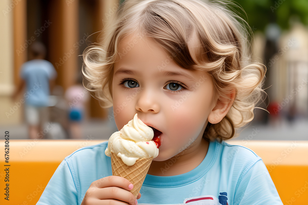 A child eating ice cream. Generative AI A child eating ice cream. Generative AI