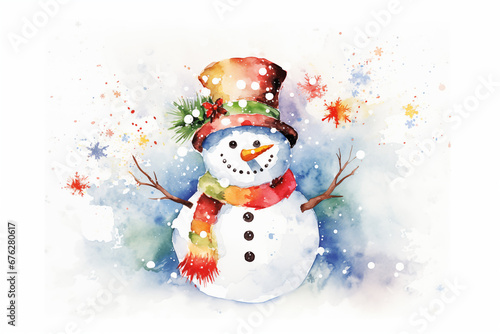 Cuter watercolor design snowman with seasonal decoration
