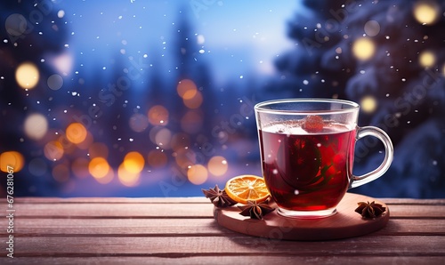 A festive glass on table top with a blurred outdoor winter scene and Christmas market bokeh lights