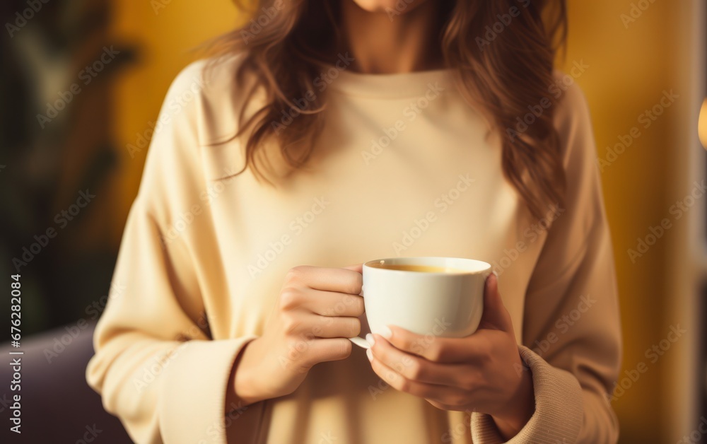 Closeup of female hands with a mug of beverage. Beautiful girl in yellow sweater holding cup of tea or coffee in the morning sunlight. Mug for your design. Empty. Closeup of female hands with a mug of beverage. Beautiful girl in yellow sweater holding cup of tea or coffee in the morning sunlight. Mug for your design. Empty.