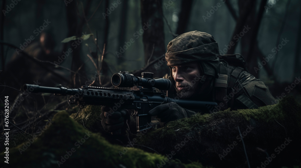 Portrait of a sniper in military uniform with a machine gun.