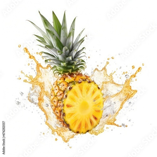 Water Splashing on Split Pineapple Fruit isolated on a yellow background.