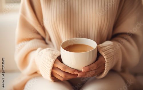 Closeup of female hands with a mug of beverage. Beautiful girl in beige sweater holding cup of tea or coffee in the morning sunlight. Mug for your design. Empty.