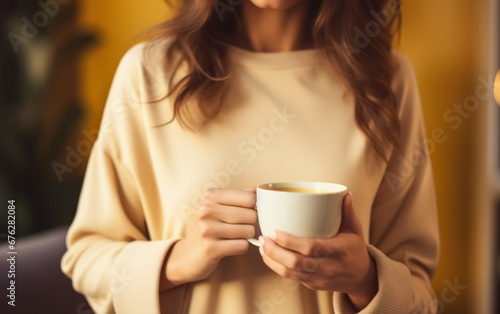 Closeup of female hands with a mug of beverage. Beautiful girl in yellow sweater holding cup of tea or coffee in the morning sunlight. Mug for your design. Empty.