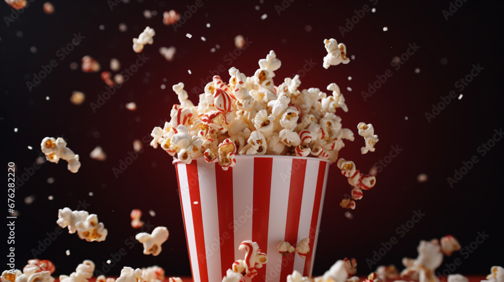 Red and white bucket of flying popcorn. stop motion