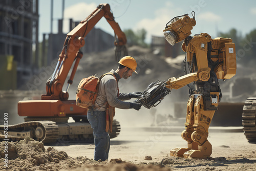 A dynamic construction site, where robots and humans synchronize efforts, 
lifting weights and orchestrating tasks, highlighting the power of collaborative synergy. photo